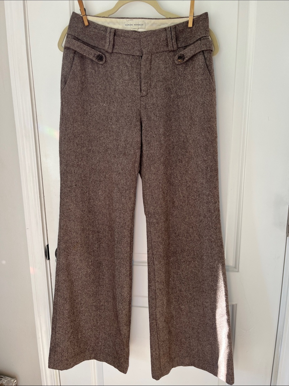 Banana Republic Brown Tweed Wide-Leg Wool Pants Sz 4 Button Tab Waist